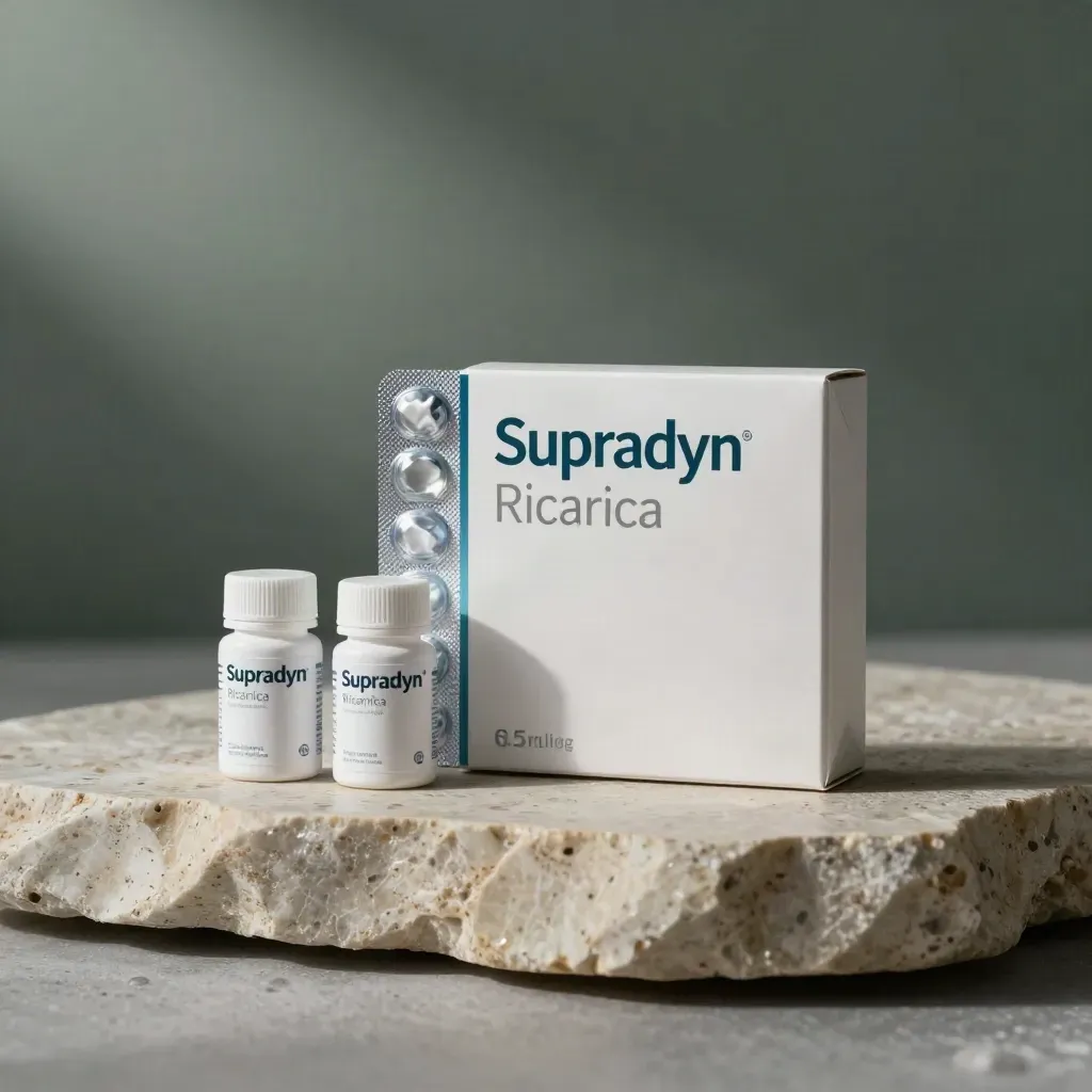 Confezione Supradyn con blister semiaperto su pietra chiara, luce d’alba e foschia.
