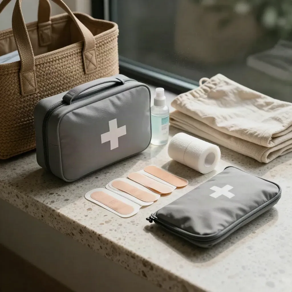 Kit di pronto soccorso familiare con cerotti, garze e disinfettante su una panca in travertino.