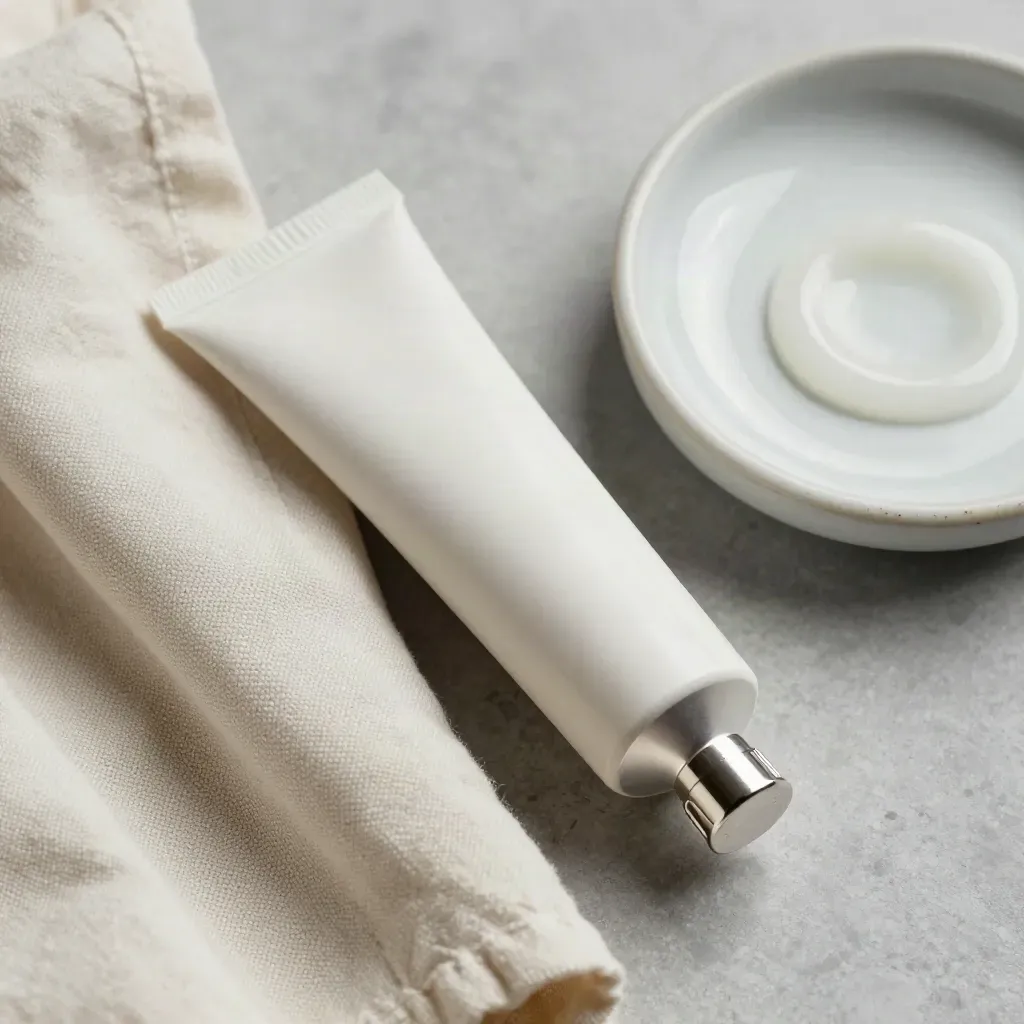 Tubo crema dermatologica avvolto in lino crema con piattino di ceramica su travertino chiaro.