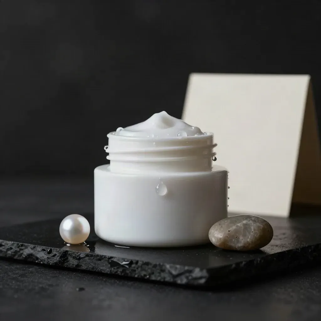 Barattolo di crema dermocosmetica con gocce d’acqua su pietra scura, luce fredda drammatica