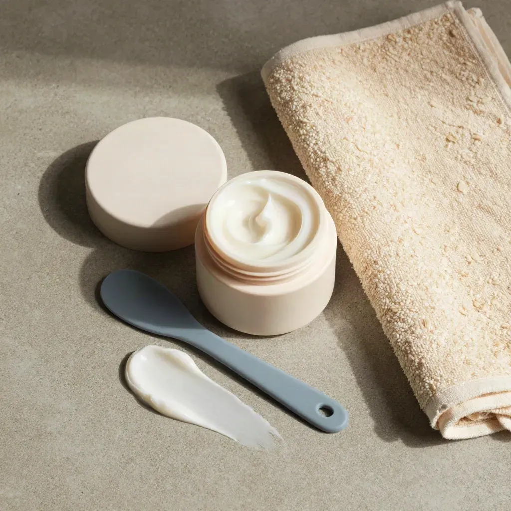 Barattolo di crema idratante con spatola in silicone e panno testurizzato su lastra di cemento.