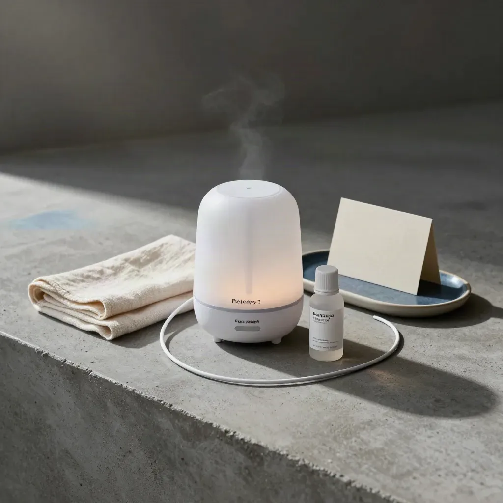 Diffusore Feliway, flacone refill e panno neutro su lastra di cemento, vista obliqua.