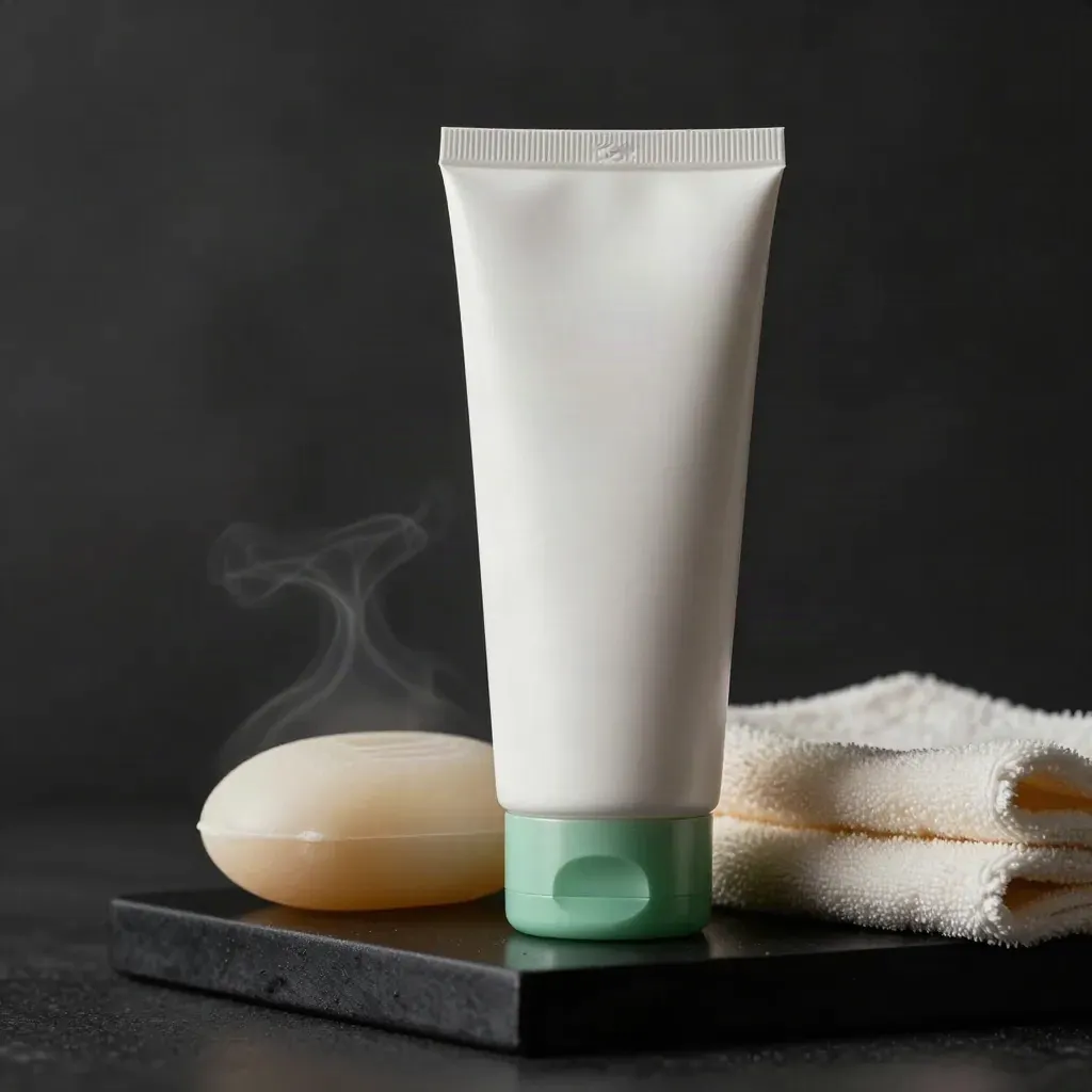 Tubo dermocosmetico con saponetta e panno spugna su fondo scuro, luce drammatica.