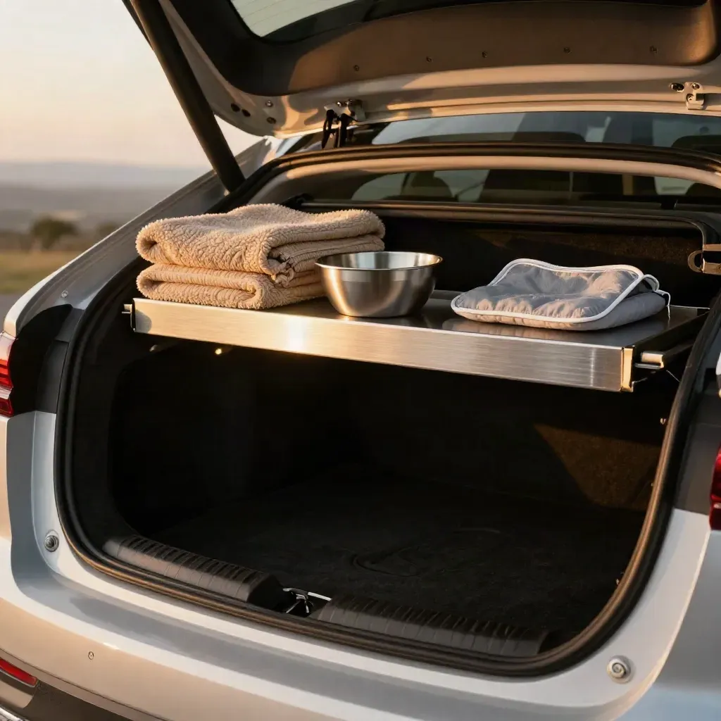 Bagagliaio aperto al tramonto con kit per animali, coperta piegata e ciotola da viaggio.